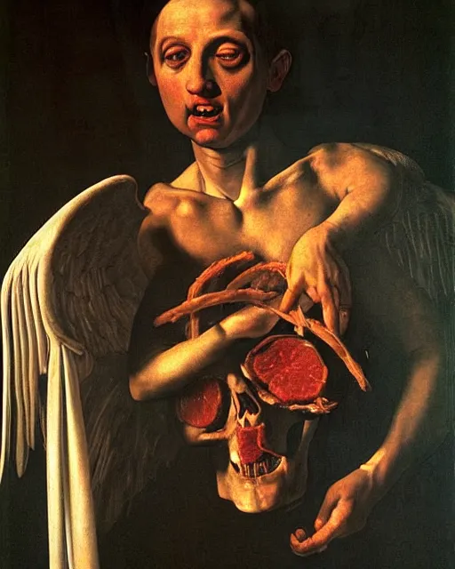 Image similar to an angel with a skull made of meat for the head by caravaggio, dramatic lighting, blood, god rays, angelical