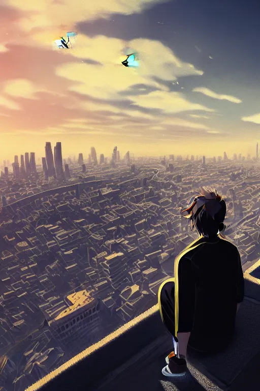 Image similar to Man in black adidas tracksuit looking atop of a urban plateau filled with soviet apartment buildings, golden hour, dreamy, beautiful clouds, ultra detailed, beautiful lighting, windy, 8k, wallpaper, cityscape, beautiful artwork by Makoto Shinkai