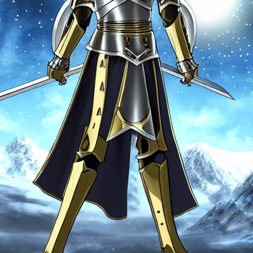 Image similar to paladin wearing silver amour with mirror finish, wielding a longsword that gleams like the sun. he is wearing a teutonic helmet, inside his eyes glow like the sun. background of snowy mountains. anime.