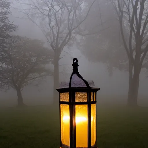 Image similar to a lantern in a foggy garden at blue hour, dusk