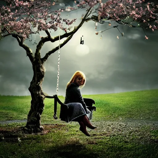 Prompt: a man sits in a swing by apple tree in a secret garden. a girl holds a key. folk horror. eerie. fine detail. realistic. meteor shower