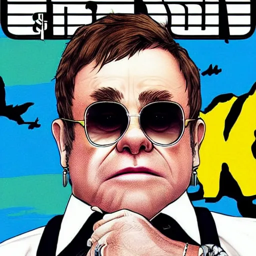 Image similar to “Elton John in GTA V, cover art by Stephen Bliss, Boxart, loadscreen”