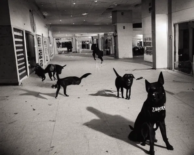 Prompt: camera footage of a 3 Aggressive Feral Black Dogs with rabies Chasing a young woman in an abandoned shopping mall, high exposure, dark, monochrome, camera, grainy, CCTV, security camera footage, timestamp, zoomed in, Feral, fish-eye lens, Nightmare Fuel, Dog, Evil, Bite, Motion Blur, horrifying, lunging at camera :4