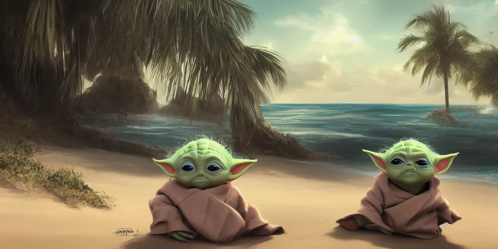 Image similar to Baby Yoda chillin on a beach, waves coming up onto the shore, palm trees swaying in the wind, hyperdetailed, artstation, cgsociety, 8k