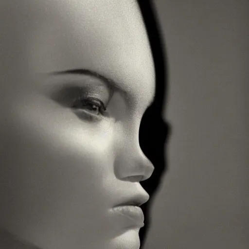 Prompt: Close-up portrait of a femme fatale. Face. Shadow and light. Abstract. Surrealist. Black and white. Side lighting. Golden ratio. Photography by Irving Penn.