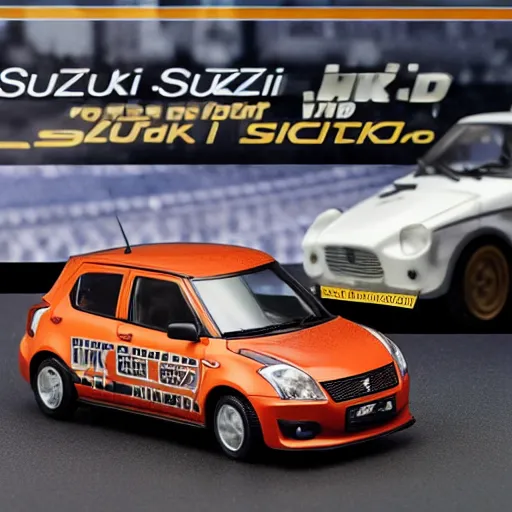 Image similar to 1/24 scale model of Suzuki swift Sport with a 1/35 scale model of a sdkfz 251 in the background, high quality, Model photograph, high detail, 8k, studio lighting