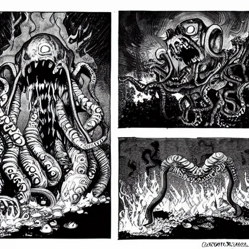 Prompt: An apocalyptic world filled with giant sentient beings with tentacles covered in flames while children cry fading into the abyss