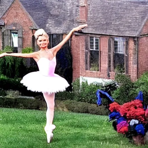 Prompt: Photo of Donald Trump as a ballerina in his yard by a chopper