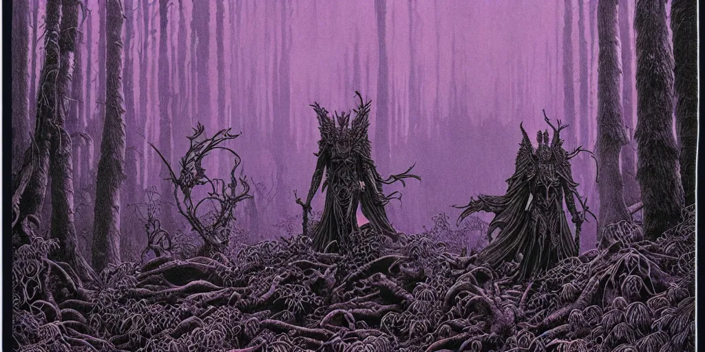 Prompt: grainy risograph matte painting of dark bejeweled huge botanical macabre paladin, atmospheric, densed forest, omnious, epic composition, by moebius, hyperrealism, intricate detailed