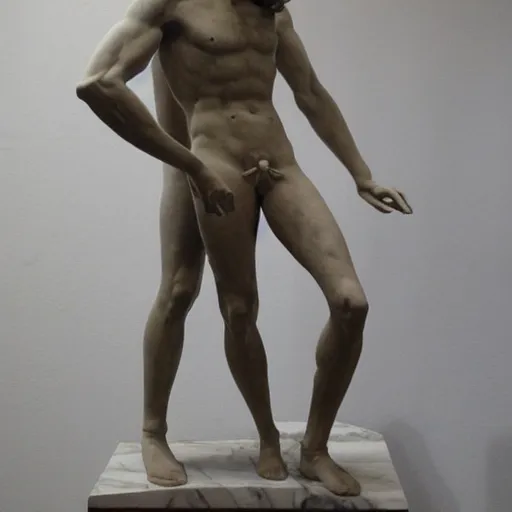 Prompt: epic greek marble statue of a thin tall man, shaved, with very long hair, coding on a laptop