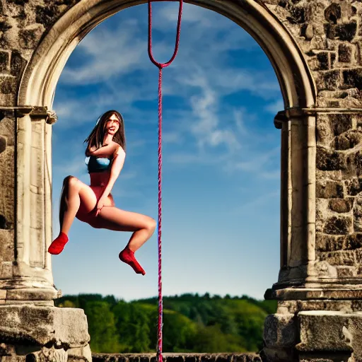 Image similar to beautiful athletic female swinging on large lyra hoop, intricate detail, in front of medieval castle, cinematic compositon, photorealistic