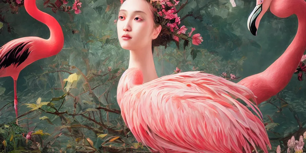 Prompt: breathtaking detailed concept art painting of the goddess of flamingo, orthodox saint, with anxious, piercing eyes, clean background, amalgamation of leaves and flowers, by Hsiao-Ron Cheng and John James Audubon, extremely moody lighting, 8K