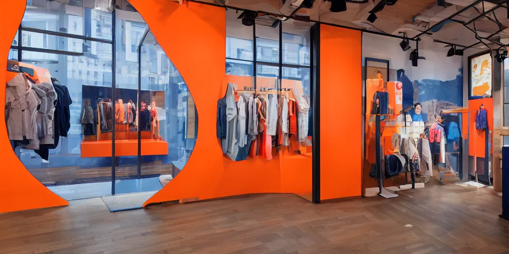 Prompt: New Balance Pop Up store, orange details, wood interior of staten ferry, ferry windows, cinematic lighting