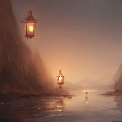 Prompt: concept art, river lanterns, by james gurney, greg rutkowski, john howe, artstation