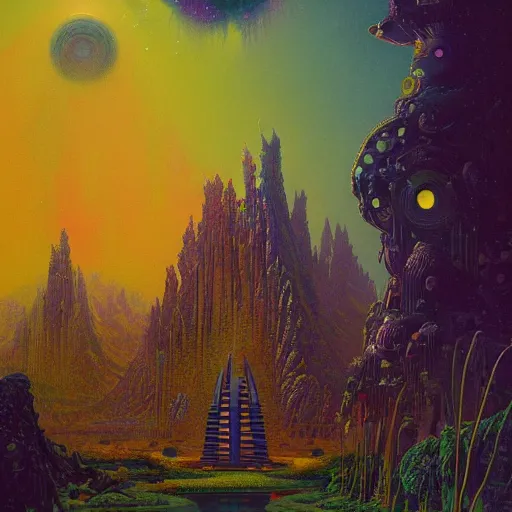 Image similar to a temple on a strange planet, by bruce pennington,, by kilian eng, by sam freio, by thomas rome, by victor mosquera, juxtapoz, behance, dayglo, prismatic