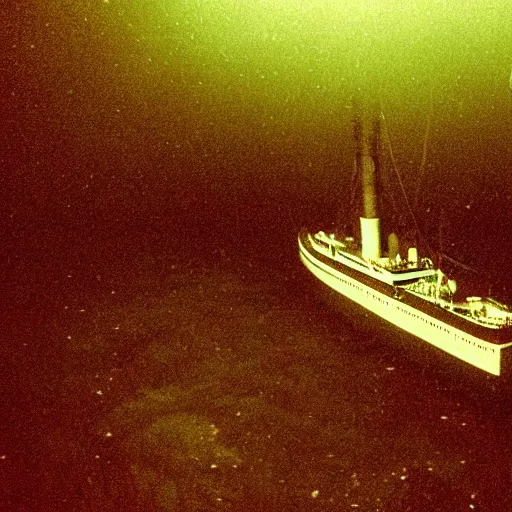 Prompt: a photo of the titanic sinking underwater, dramatic composition, nighttime lighting, photo taken with a nikon n 7 0.