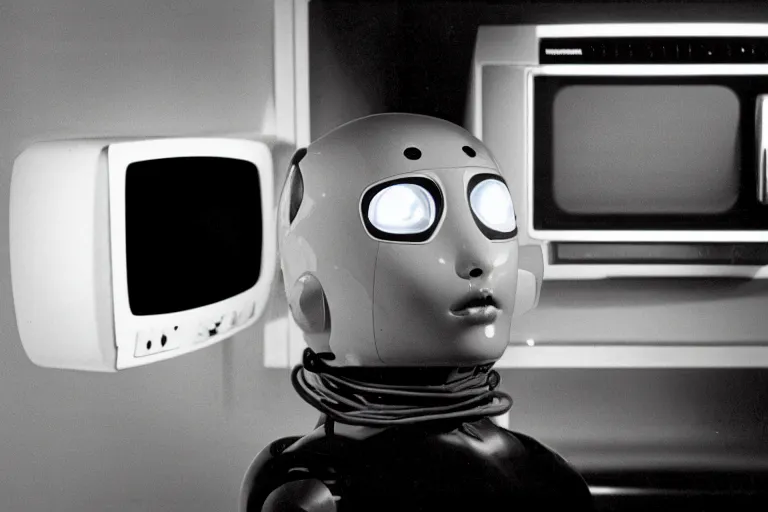 Image similar to humanoid robot sticking her head inside of a microwave, from 1985, bathed in the glow of a crt television, low-light photograph, in the style of jack bridgeland