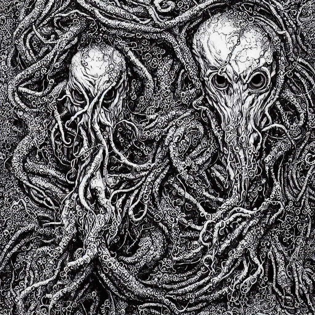 Image similar to portrait of Cthulhu by Dan Hillier, intricate, lovecraftian, black and white and gold