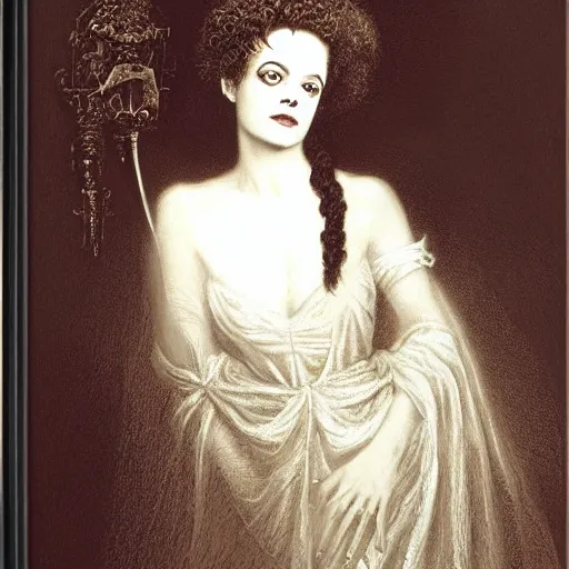 Image similar to portrait of young elsa lanchester as the bride, frankenstein, by gustave dore,