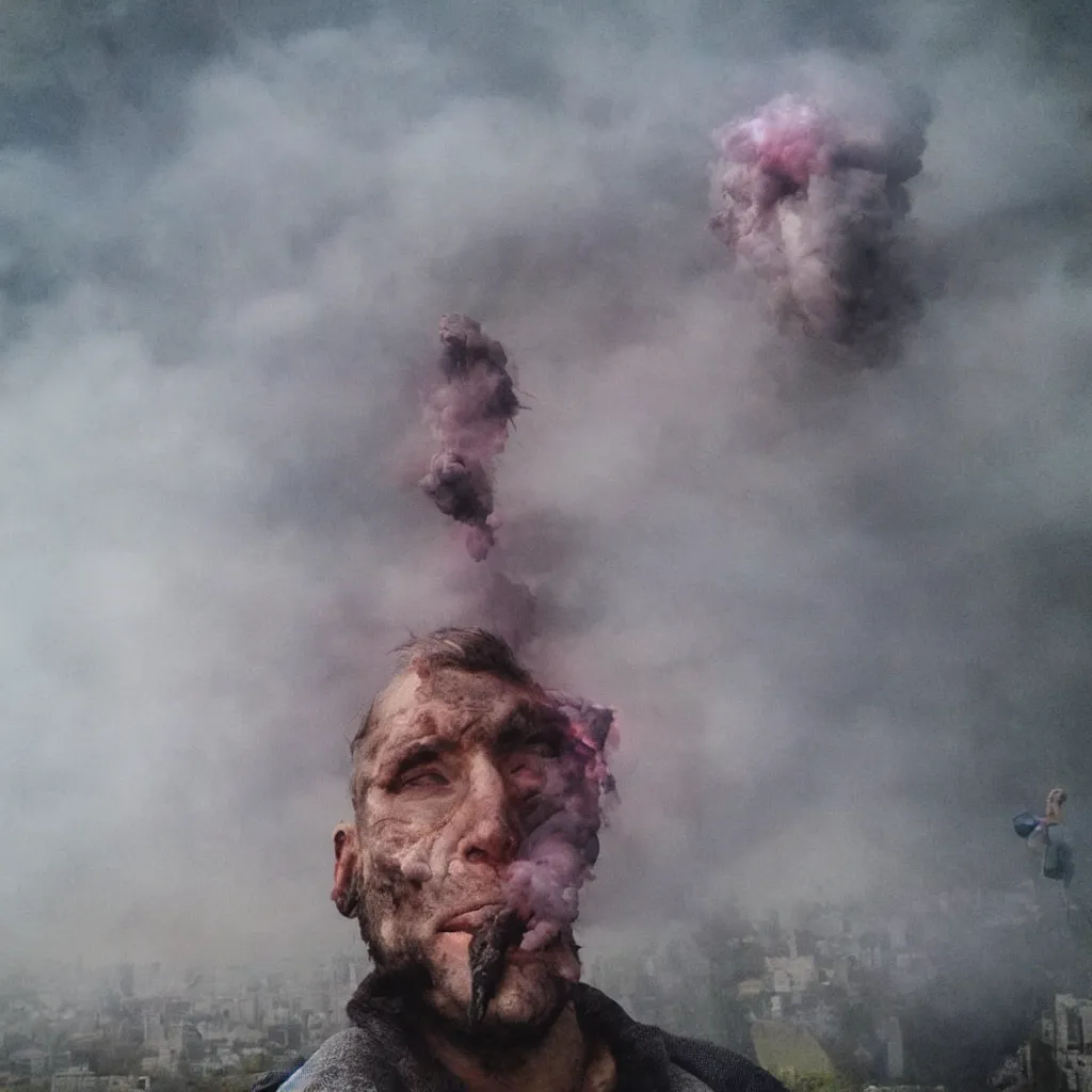 Prompt: last selfie of mutated man before apocalypse, smoke on background,