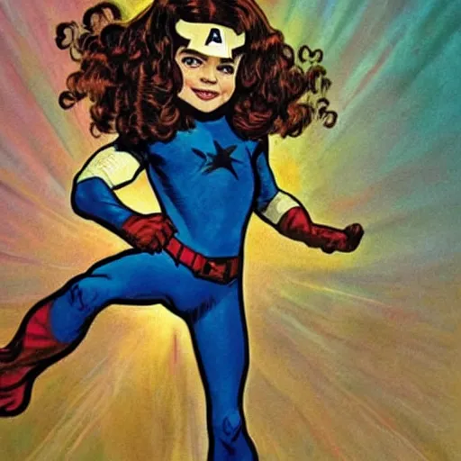 Prompt: a little girl with a mischievous face and light brown curly wavy hair and blue eyes. she is dressed as captain america, spider - man, batman, captain marvel, a superhero. well composed, clean elegant painting, beautiful detailed face. painting by steve ditko and jack kirby and ( alphonse mucha )
