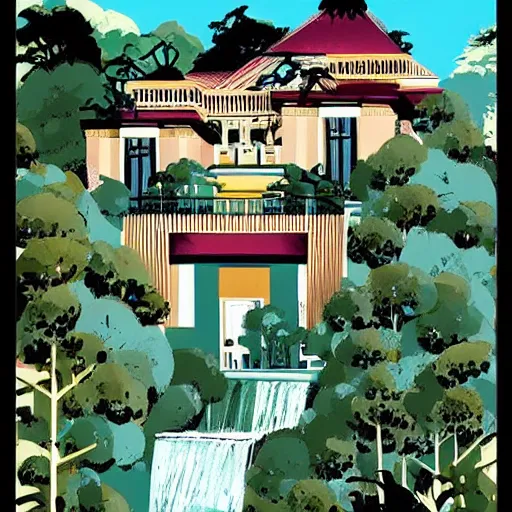 Prompt: vibrant artdeco mansion by a waterfall, ashley wood illustration