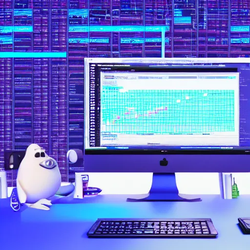 Prompt: a cute blue colored gopher with blue fur programming on multiple monitors displaying many spreadsheets, digital art, 3 d render, octane, post - processing