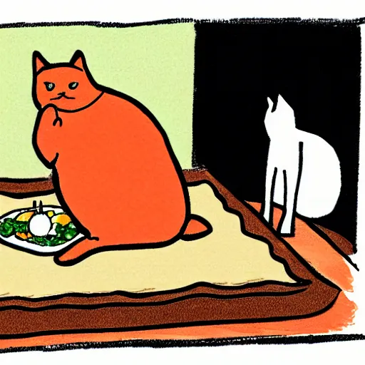 Image similar to fat orange cat on a table with lasagna new yorker cartoon