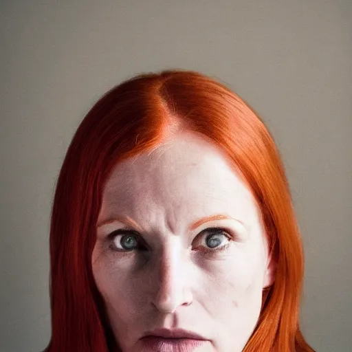 Prompt: A red haired woman intensely staring at the camera in the style of Annie Leibovitz