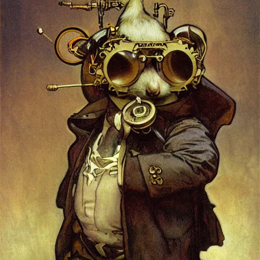 Image similar to a rat with steampunk googles, by Alfons Maria Mucha