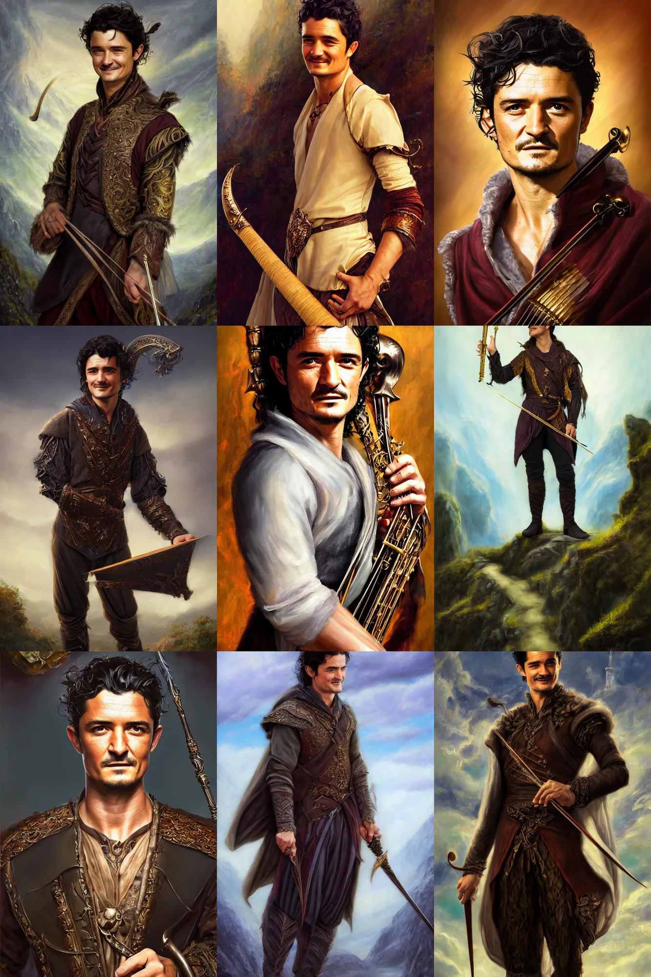 Image similar to a full body high detail fantasy portrait oil painting illustration of orlando bloom as an elegant male bard by justin sweet with face and body clearly visible, in a scenic background, striking eyes, realistic proportions, d & d, rpg, forgotten realms, artstation trending, high quality, sombre mood, artstation trending, muted colours, entire person visible!