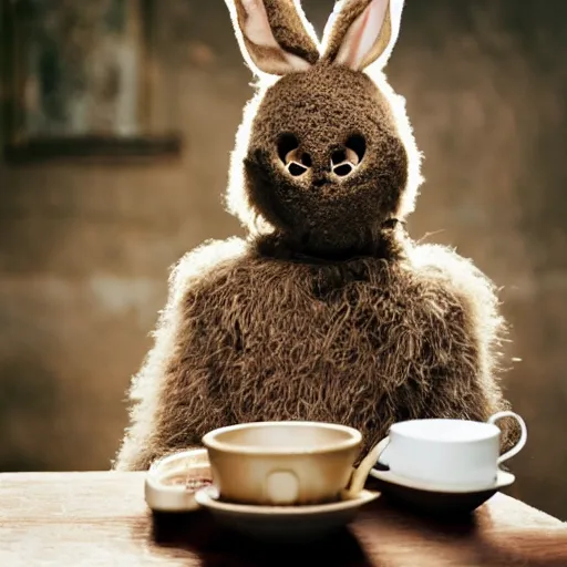 Image similar to a fluffy brown rabbit muppet wearing monk garb and a wolf skull as a mask and sat beside a cup of tea, photorealistic, nature, photography, national geographic, sesame street