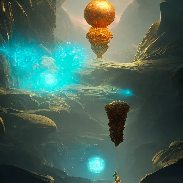 Image similar to a flower the whole within infinite capsule apparent with awe the apparition, an idea seep's into infinity highly detailed in volumetric latent space, golden turquoise steampunk, high contrast cinematic light, mystical shadows, sharp focus, divine realm of gods, octane render, artist by greg rutkowski,