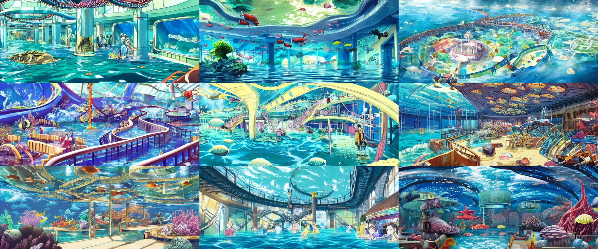 Prompt: detailed interior of giant underwater marine theme park LeMU, Erste Boden, completely flooded, anime key visual