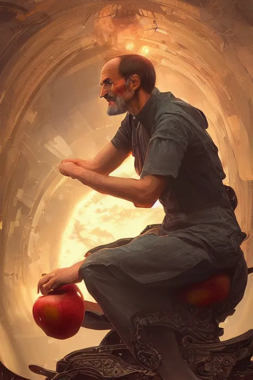 Image similar to ultra realistic illustration, steve jobs sitting on a giant apple, sci - fi, fantasy, intricate, elegant, highly detailed, digital painting, artstation, concept art, smooth, sharp focus, illustration, art by artgerm and greg rutkowski and alphonse mucha