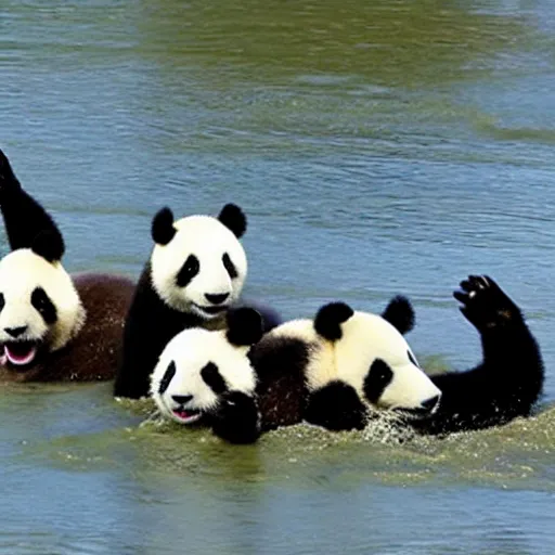 Prompt: pandas swimming in the muddy gangies river