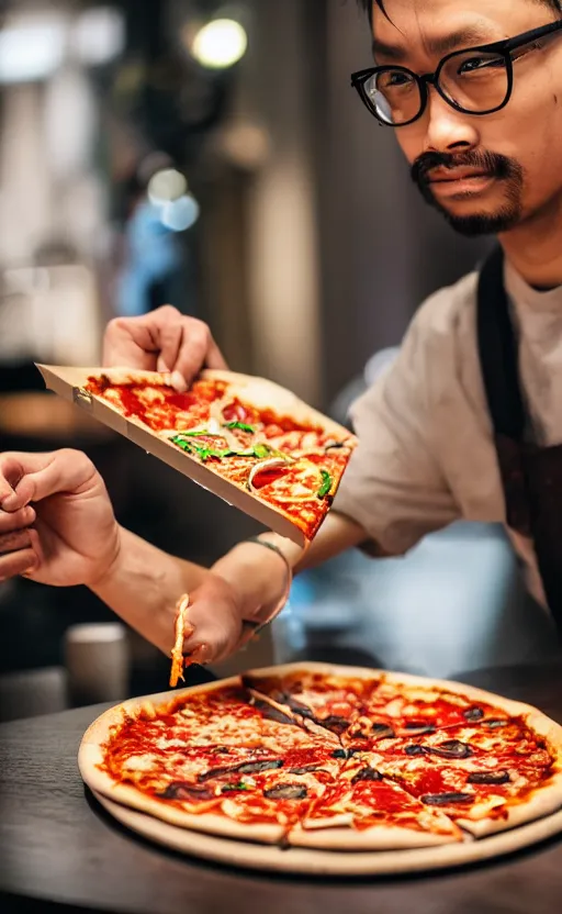 Prompt: asian pizza deliveler, glasses, real life photo, 4 k, cyberpunk, highly detailed, sharp focus