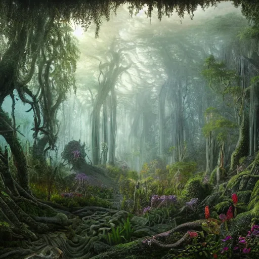 Image similar to a beautiful and highly detailed oil painting of an overgrown elven forest temple in the misty mountains, detailed plants and trees and flowers, intricate details, epic scale, insanely complex, 8 k, sharp focus, hyperrealism, fantasy landscape, psychedelic patterns, by caspar friedrich and james gurney,