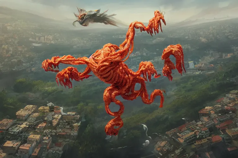 Image similar to flying spaguetti monster over a small town, made by Stanley Artgerm Lau, WLOP, Rossdraws, ArtStation, CGSociety, concept art, cgsociety, octane render, trending on artstation, artstationHD, artstationHQ, unreal engine, 4k, 8k,