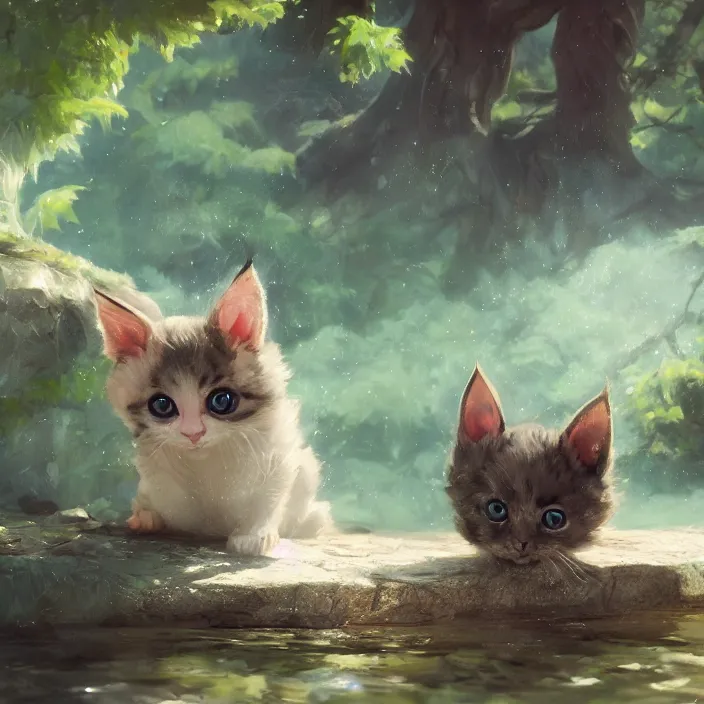 Image similar to a painting of a cute kitten at a river. character design by cory loftis, fenghua zhong, ryohei hase, ismail inceoglu and ruan jia. volumetric light, detailed, rendered in octane