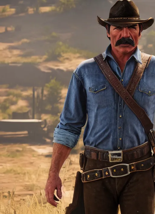 Image similar to film still of tom selleck as dutch van der linde in red dead redemption 2, gameplay, 8 k, hd