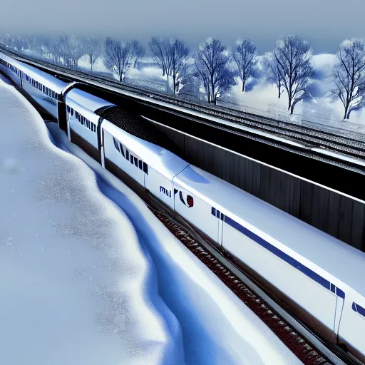 Prompt: desktop wallpaper of a maglev bullet train riding over a bridge through a cold snowy landscape, trending on artstation