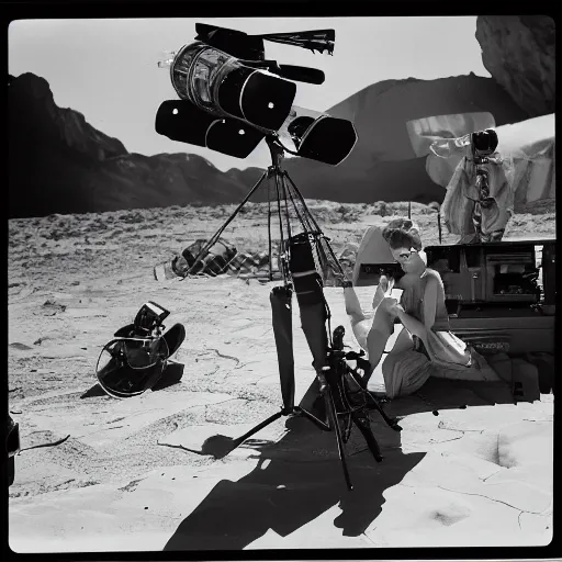 Prompt: Behind the scenes photo of the filming of a movie set on Venus, 1956, black and white, film grain