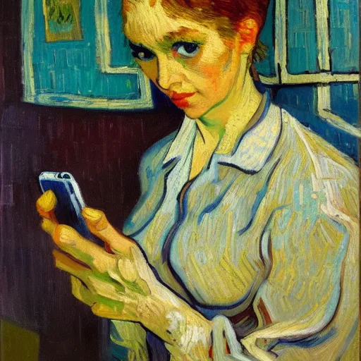Prompt: a modern impressionist painting of a beautiful woman with a smartphone, oil on canvas, van Gogh style, trending on artstation