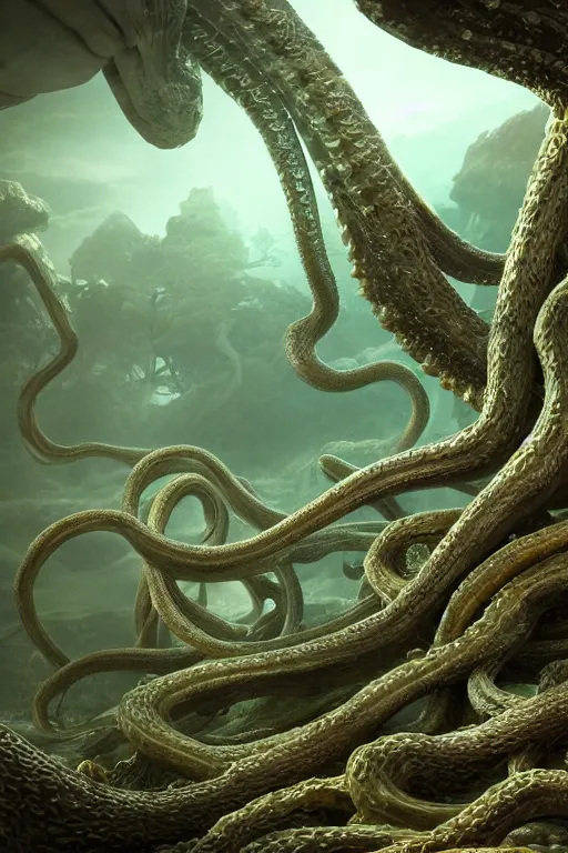 Image similar to giant ancient alien tentacles artwork by yoshitaka amano, ivory and gold, detailed vegetation background, extremely detailed, octane rendering, sharp focus, volumetric light, particles, unreal engine 5, rtx