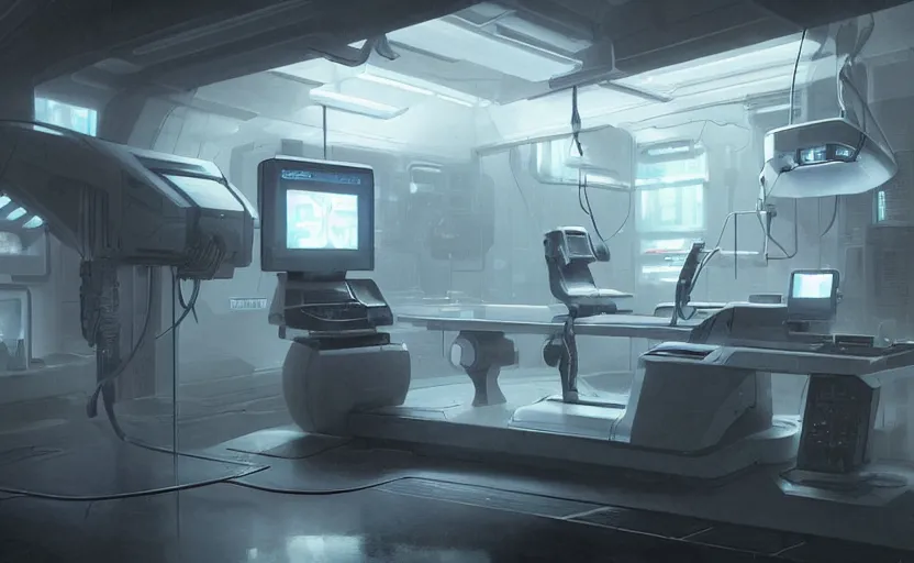 Prompt: zoom on a neon surgery scanning machine cyberpunk futuristic, in a white room, art by giger, greg rutkowski