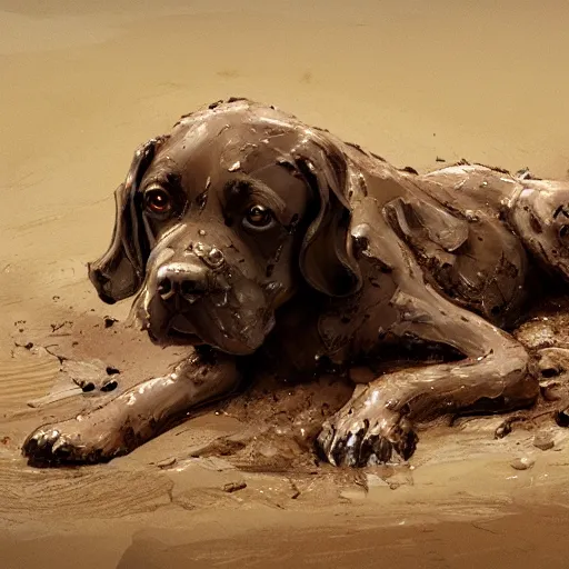 Prompt: a dirty dog rolling in mud. artstation. high detail