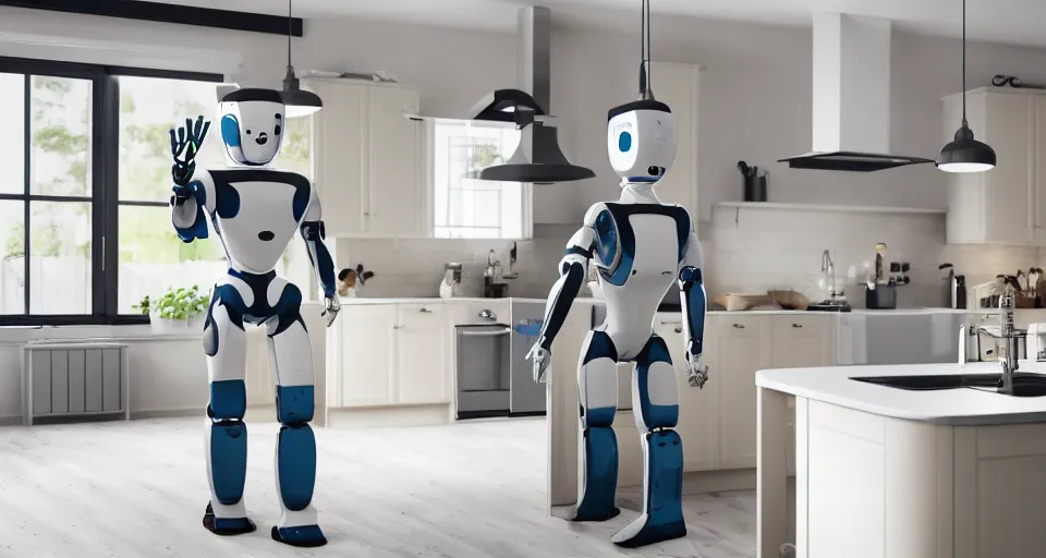 Image similar to humanoid robot, IKEA Catalogue photo in a high end farmhouse style kitchen