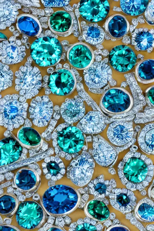 Image similar to a desk full of blue and green diamonds