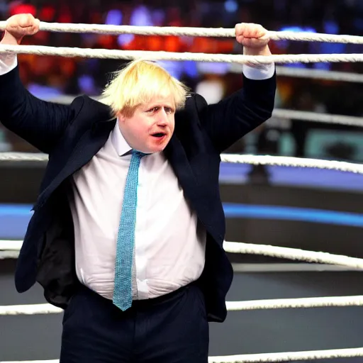 Prompt: Boris Johnson looking confused in a WWE ring